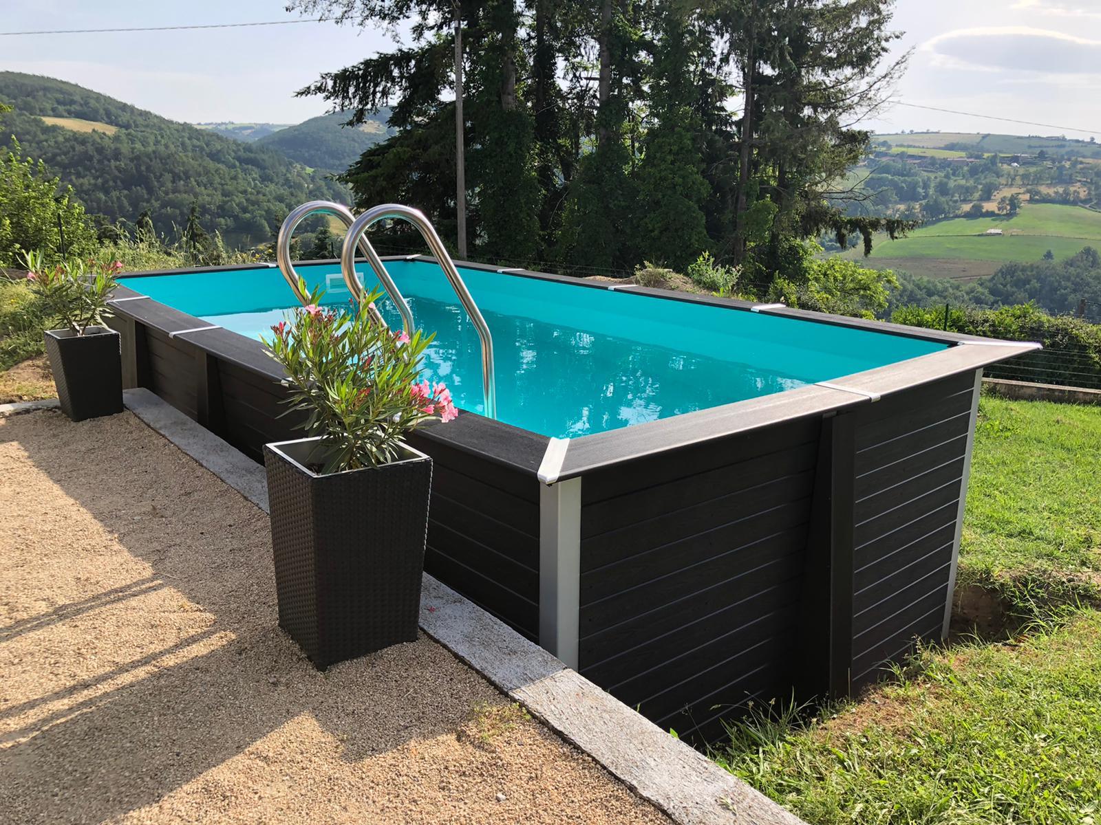 Black rectangular above ground pool with flower pots in the foreground and a view on nature