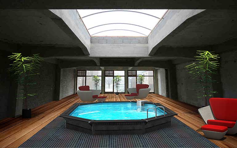 Indoor orthogonal black semi inground pool